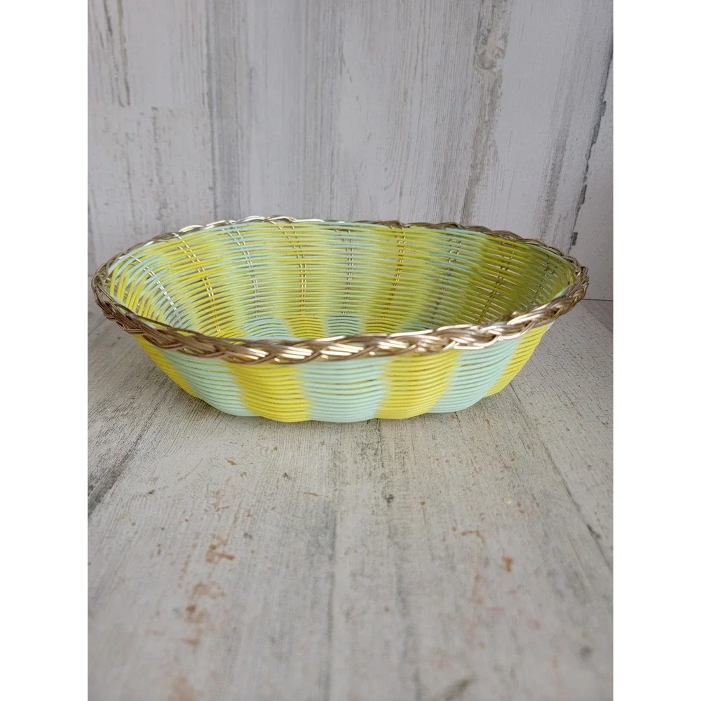Small Easter yellow‎ green wicker basket spring metal rimmed home decor